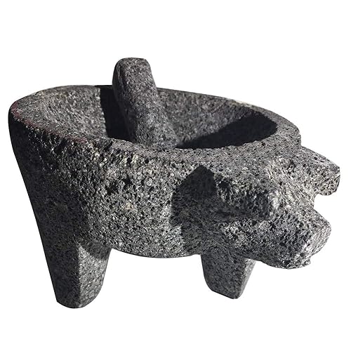 8" MolcajeteTejolote Auténtico Mortero Mexicano y Maja Guacamole Salsa Maker Granos Cabeza de Cerdo Delantero 11" Aproximadamente 8" Redondo