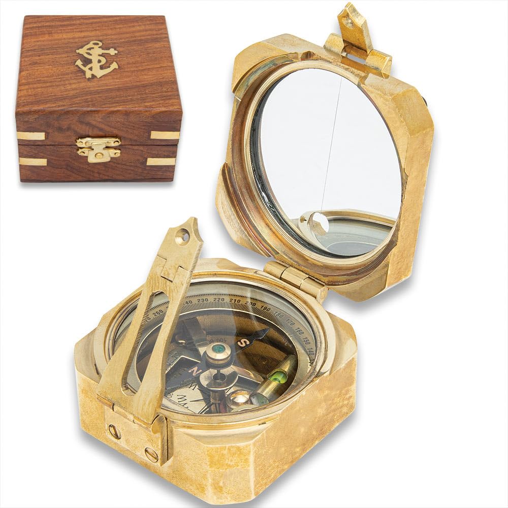 Brass Square Case Compass with Wooden Box | Solid Brass Construction | Velvet-Lined Box | Glass Construction | 3