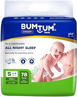 Bumtum Baby Diaper Pants, S (Size 2), 4-8 kg, Double Layer Leakage Protection Infused With Aloe Vera, Cottony Soft High Absorb Technology, 78 Diaper