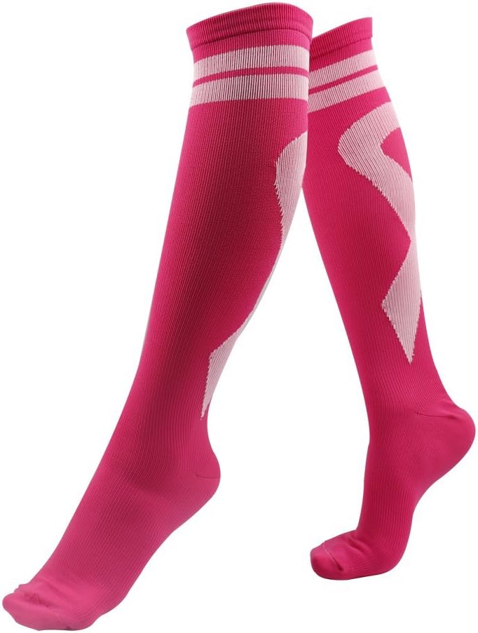 Breast Cancer Awareness Socks for Women Men, 2 Pairs Breast Cancer Football Socks Youth, Knee High Pink Ribbon Compression Stockings for Running Softball Soccer Cheer Accessories (L/XL)