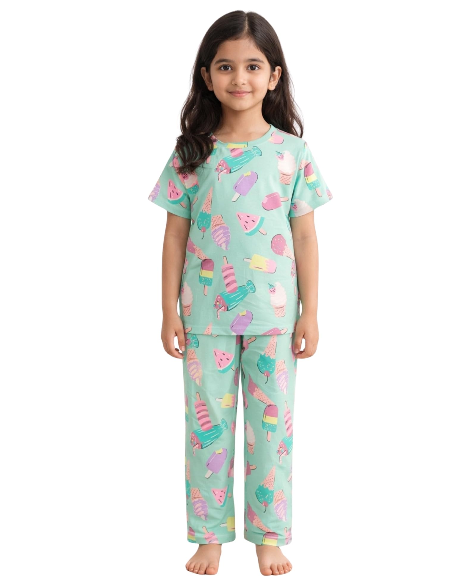 ANTHRILO Pajama T-Shirt Set for Girls | Kids Night Suit for Girls | Nightwear for Girls | 100% Cotton Pyjama Set Beige White Stripe Print | Short Sleeve T-Shirt & Pajama|