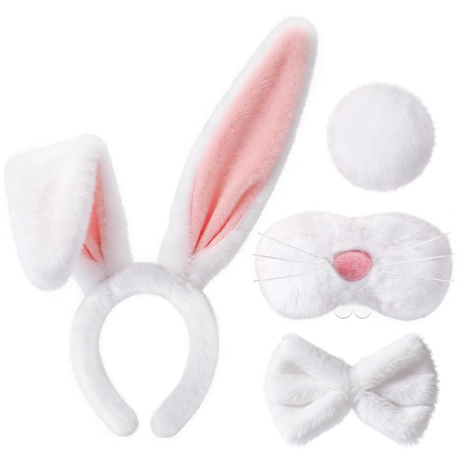 Jansun Bunny Costume Set with Adjustable Ears, Fluffy Bow Tail Rabbit Costume Accessories for Easter Halloween Parties, Pink White, Standard