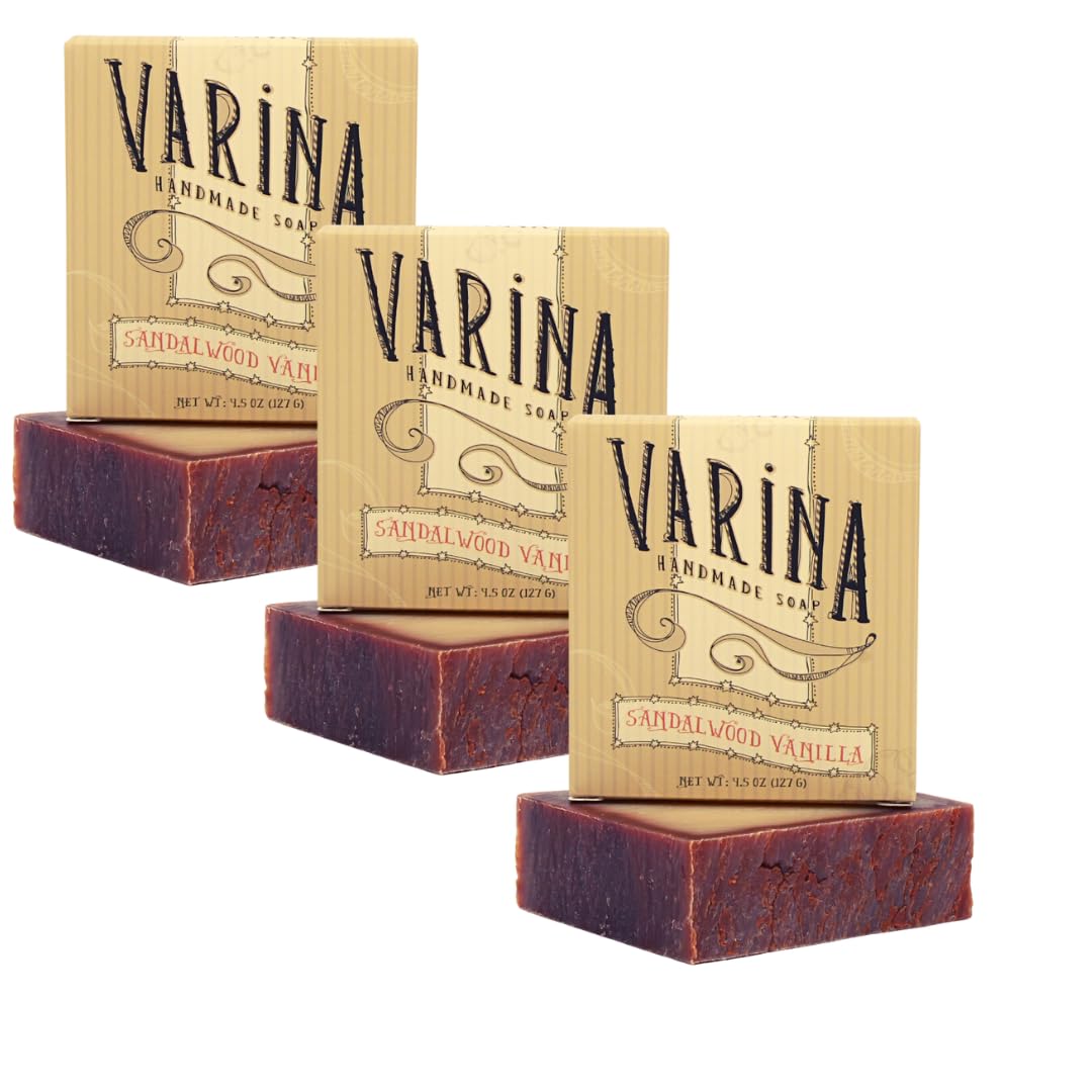 Varina Natural Sandalwood Vanilla Bar Soap - Gentle Cleansing for Sensitive Skin, Floral - 3 Pack