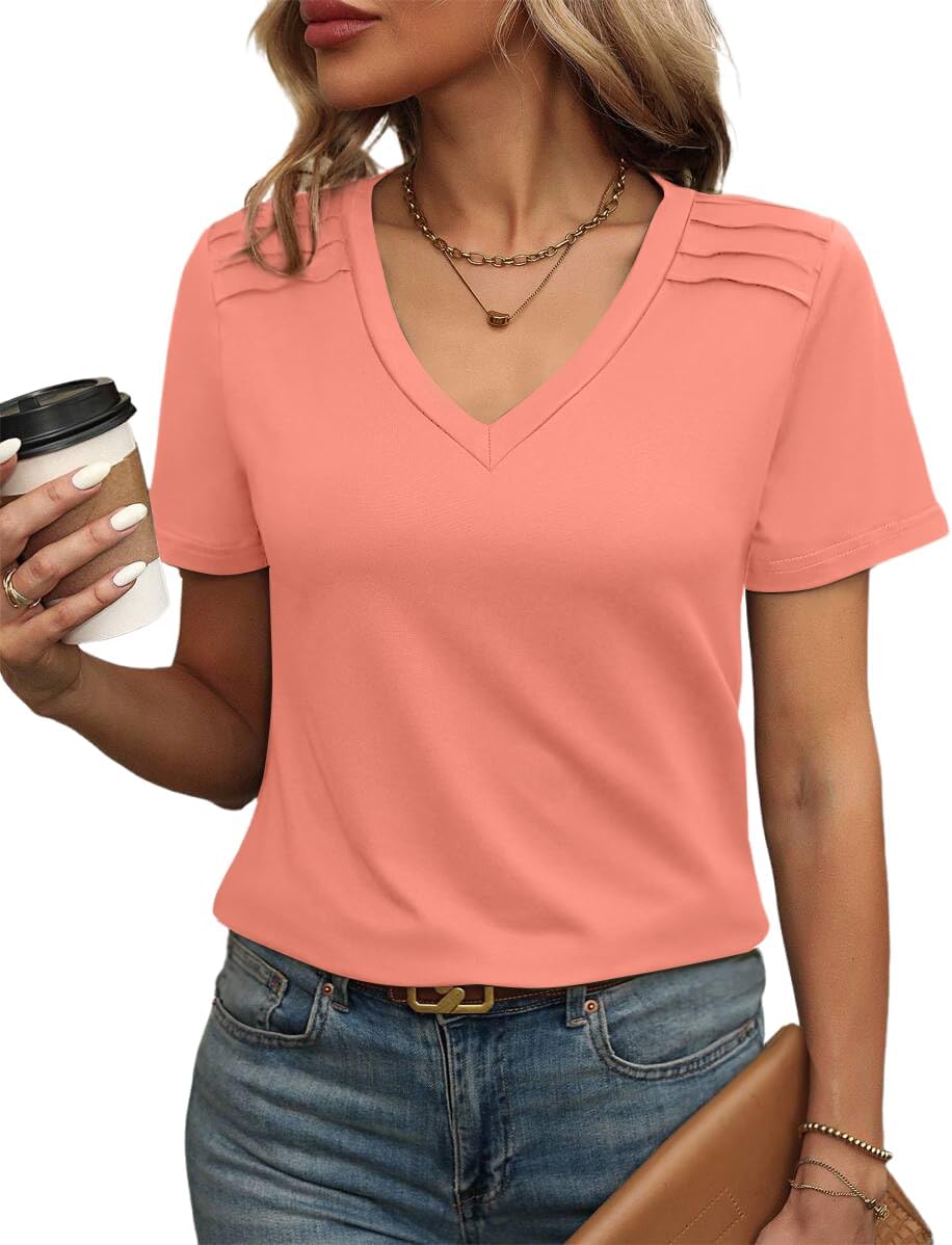 FUNBANG Womens Tops V Neck T Shirt Shoulder Pleated Blouse Business Clothes Fashion Outfits Spring Summer Essentials 2026