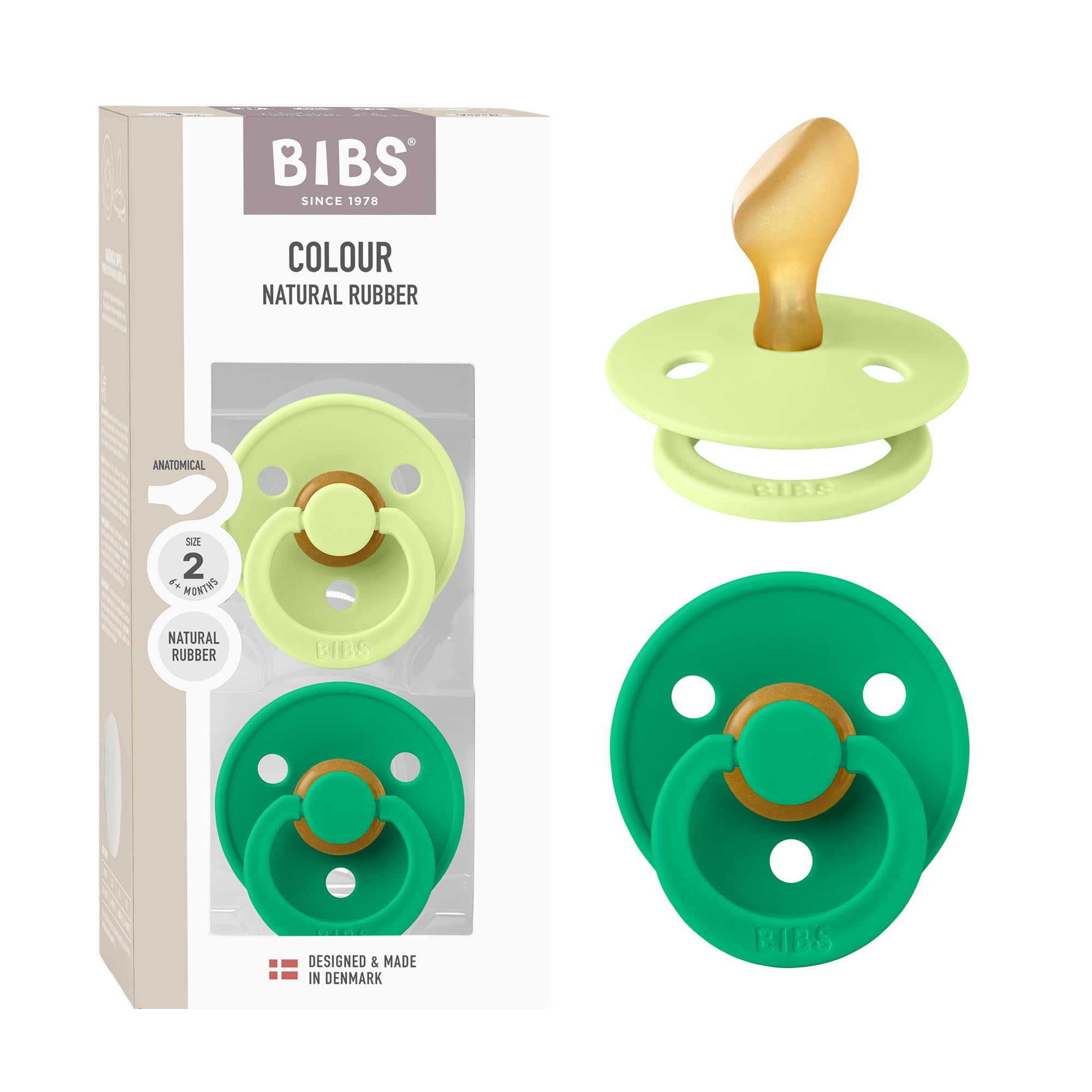 BIBS Colour Anatomical Schnuller 2er Pack, BPA-frei Dummy-Schnuller, Kiefergerechte Form. Naturkautschuk/Latex, Hergestellt in Dänemark, Größe 2 (6-18 Monate), Matcha/Cactus