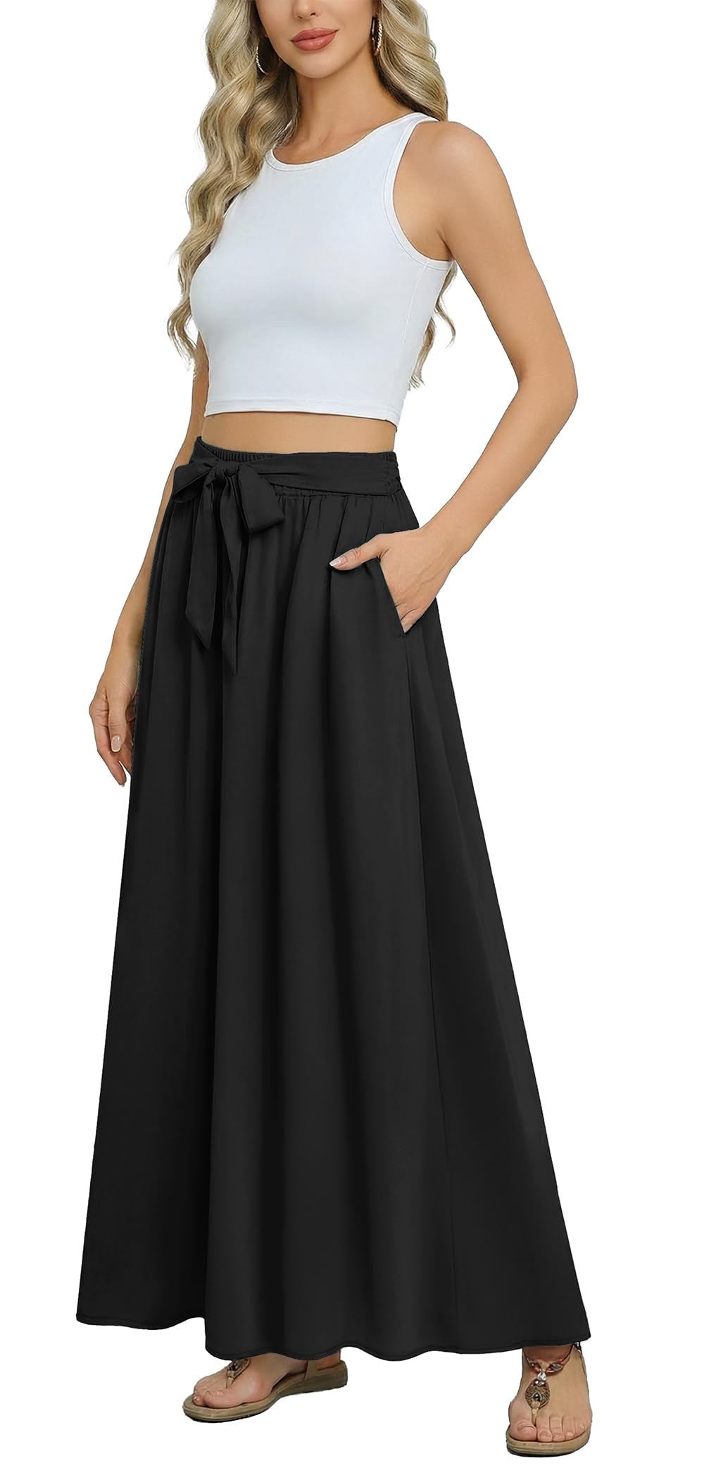 Askyes Womens Maxi Skirt Summer Trendy Tie Knot Elastic High Waisted Boho Casual Beach Flowy Swing Long Skirts with Pockets