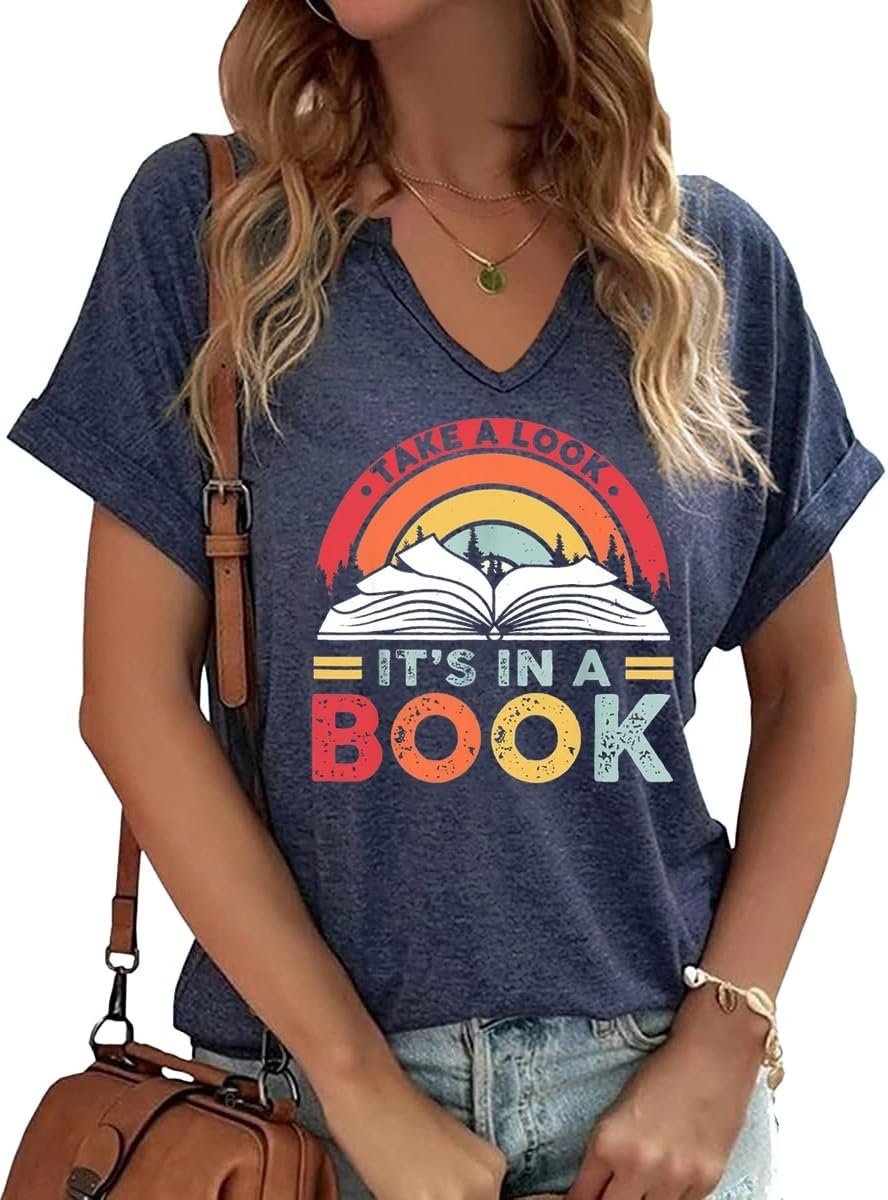 TIXOM Womens Summer V Neck Shirt Funny Letter Printed Graphic Short Sleeve Tee Casual Loose Fit Holiday Tops