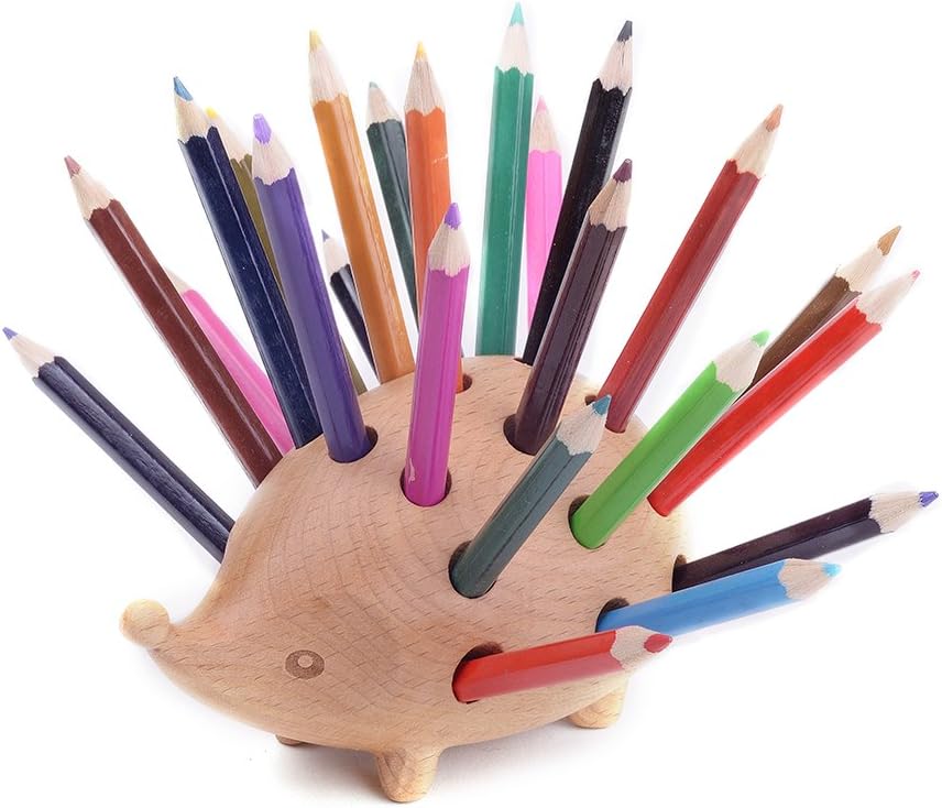 Wooden Hedgehog Shaped Pencil Holder with 24 Colour Pencils，Desk Organiser Desk Decor, ARTINOVA, ARTA-0057