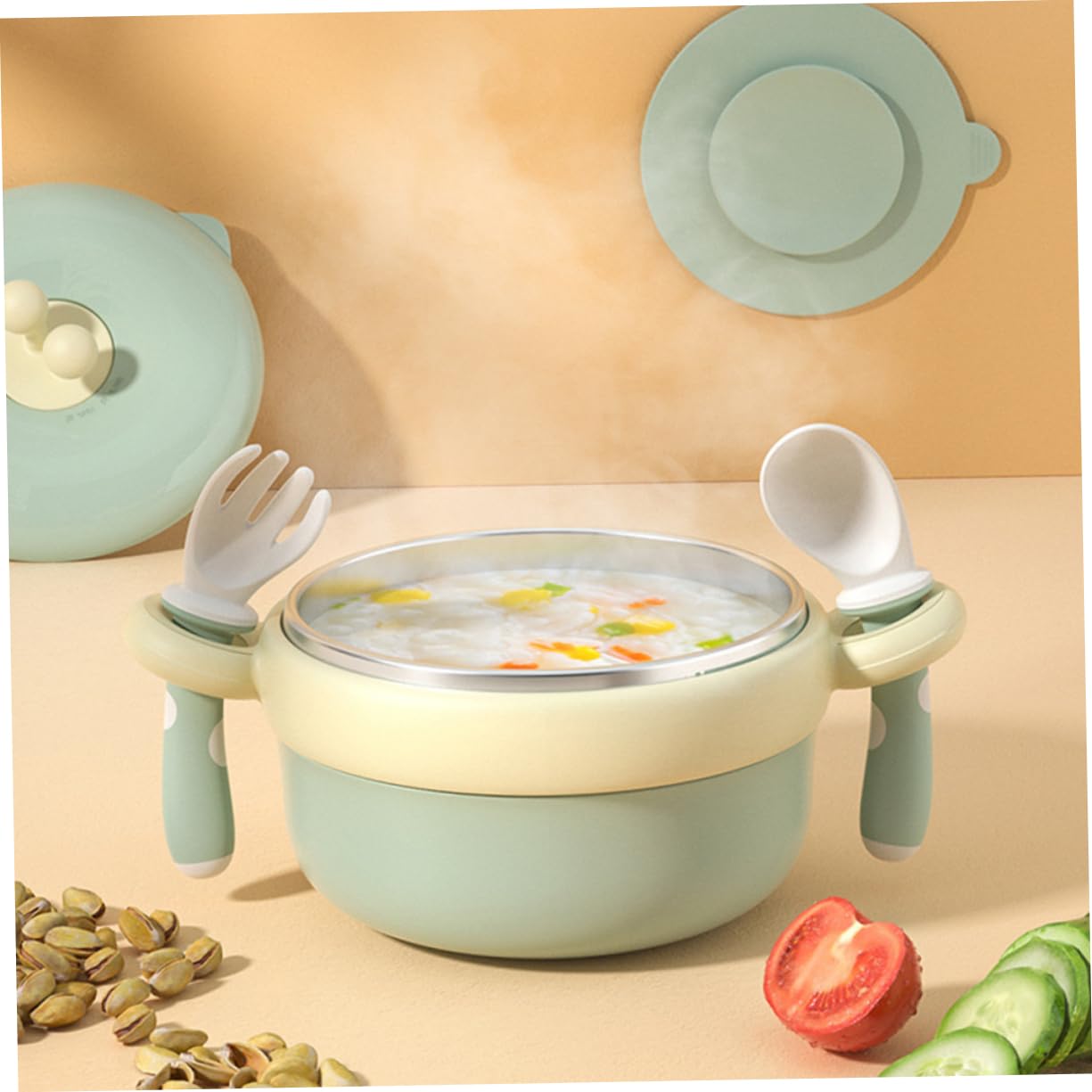 Toddmomy Suction Bowl Stainless Steel Bowl with Lid Practical Insulation and Heat Preservation for Rice and Desserts Portable and Safe Tableware for Boy Girl