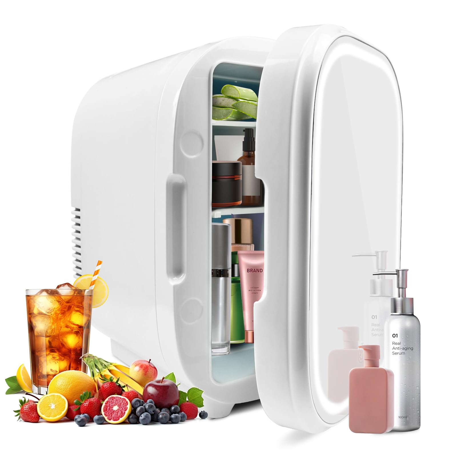 LeadSeals Skincare Mini Fridge for Bedroom Portable Beauty Fridge 8 Liter Cosmetics Fridge with Lighted Makeup Mirror Cooler and Warmer Compact Refrigerator for Medications, Skincare (H-Shaped Shelf)