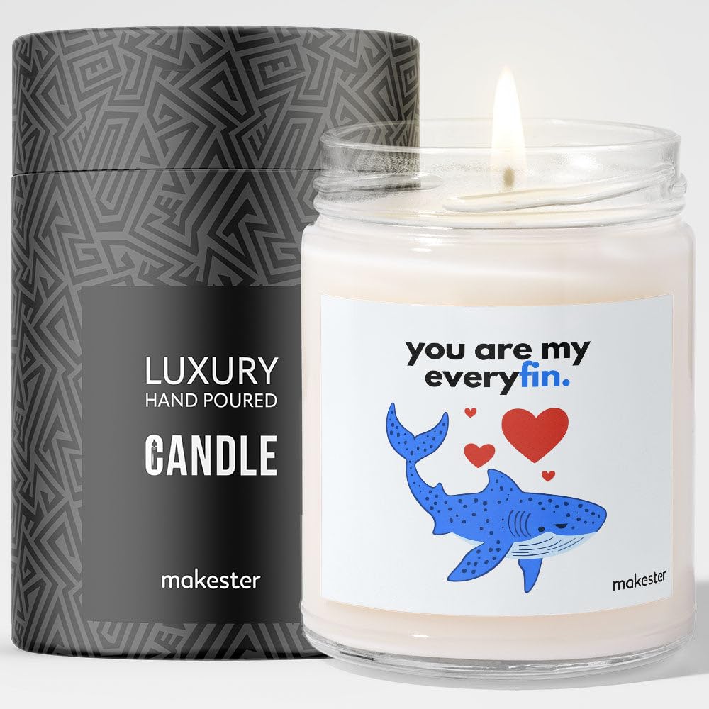Shark Gifts - Luxury Soy Wax Candle - Vanilla, Jasmine, Sugared Almond - Makester, White, 220g