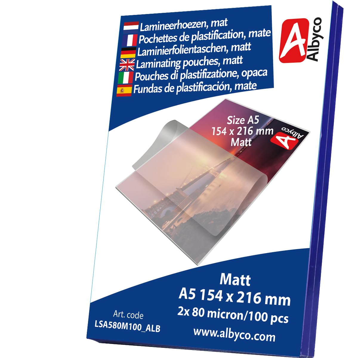 Albyco Matte Laminating Pouches, Laminating Pouches, A5 Format, 154 x 216 mm, Thickness 2 x 80 (160) Microns, Matt, Pack of 100, Transparent