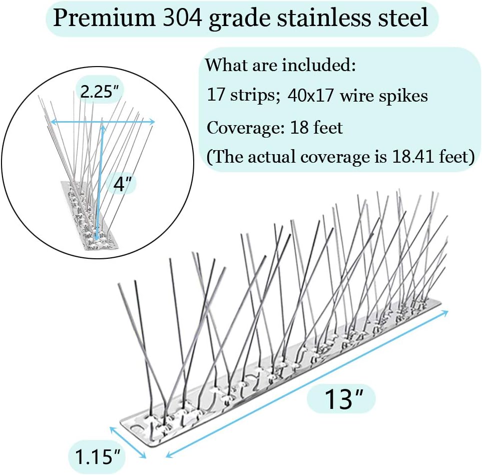 PANGCH Bird Spikes,Stainless Steel Bird Spikes Metal Bird Spikes Fence Spikes Easy to Install - 17 Strips 18.41 Feet Coverage