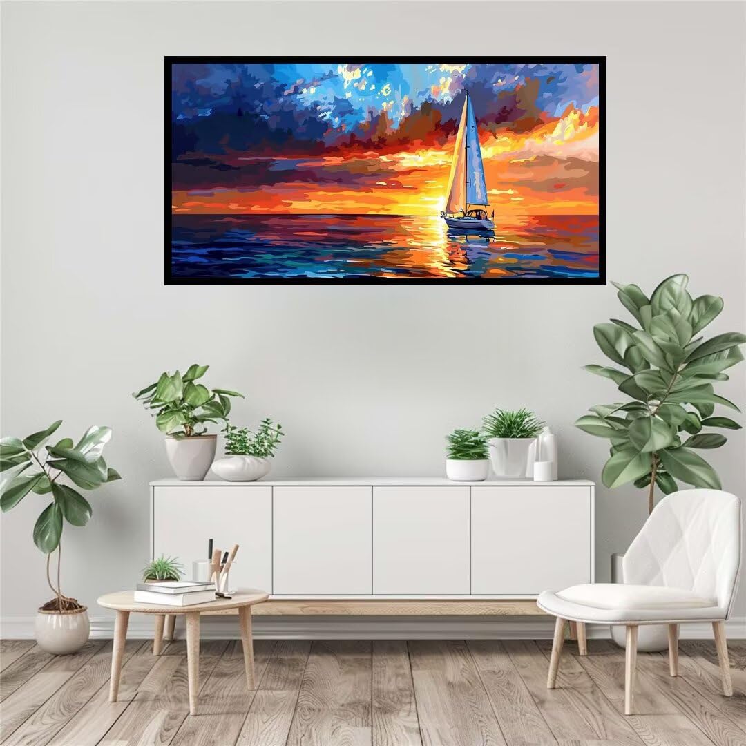 Malen Nach Zahlen Boot Sonnenuntergang DIY Malen nach Zahlen für Erwachsene, DIY Öl Leinwand Gemälde Anfänger,DIY Malen Nach Zahlen mit Pinseln und Acrylfarben, für Home Décor (Ohne Rahmen) 60x155cm
