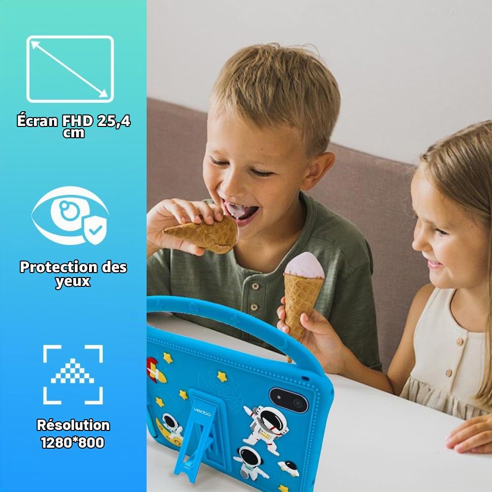 Veidoo Tablette Enfant 10,1" Android 15, 11 Go RAM (3 Go + 8 Go Ext.), 64 Go ROM, WiFi 6, Contrôle Parental, Stylet, Reconnaissance Faciale, Coque Anti-Choc, Jeux Éducatifs (Bleu)