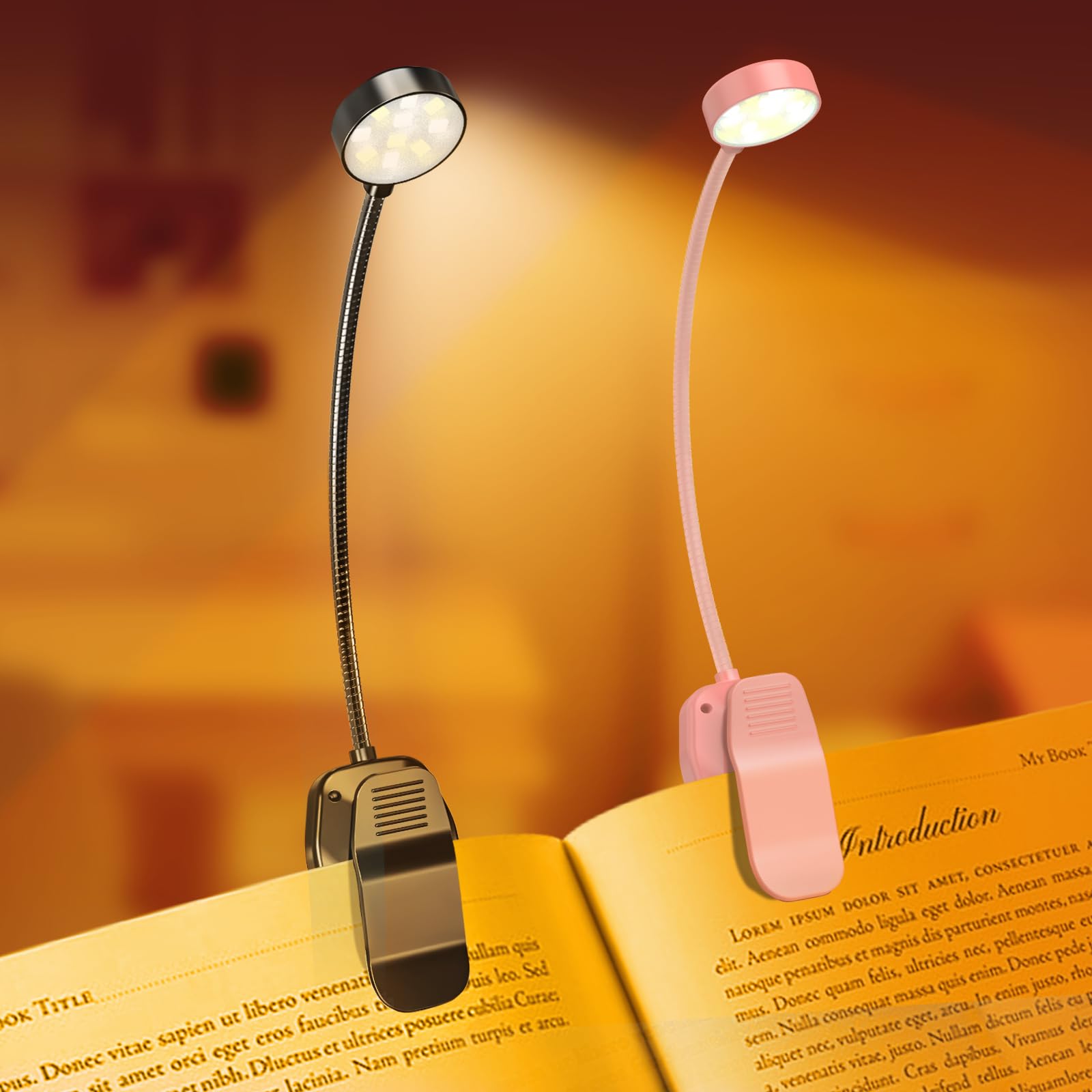 KTEBO 2 Packs Rechargeable Book Reading Light - Adjustable Brightness, 3 Color Temperatures, 30+ Hours Runtime - Eye Care 10 LED Lamp for Reading for Bed,Pink & Black