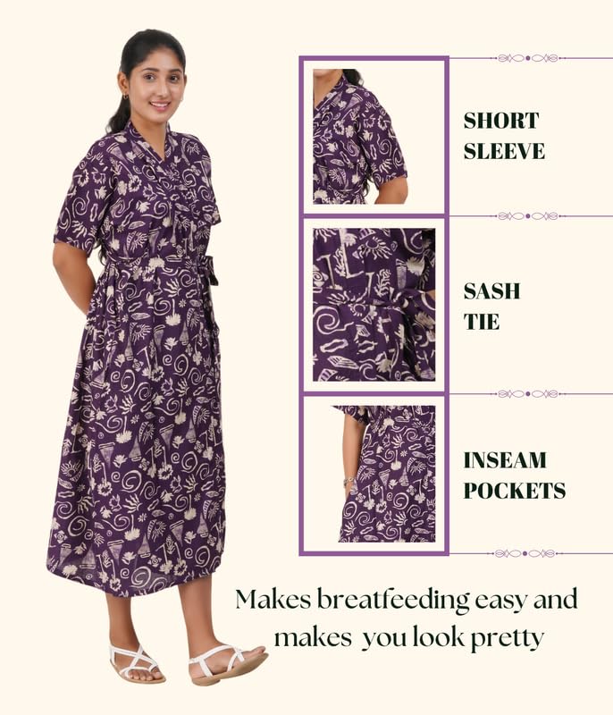 Image of MENMAII Cotton Feeding Robe for Women | Soft Breathable Maternity & Nursing Wear | Front Open Easy Feeding Access | Comfortable Nightwear for New Moms|Calf Length [Size: L,XL,XXL,3XL /FS]