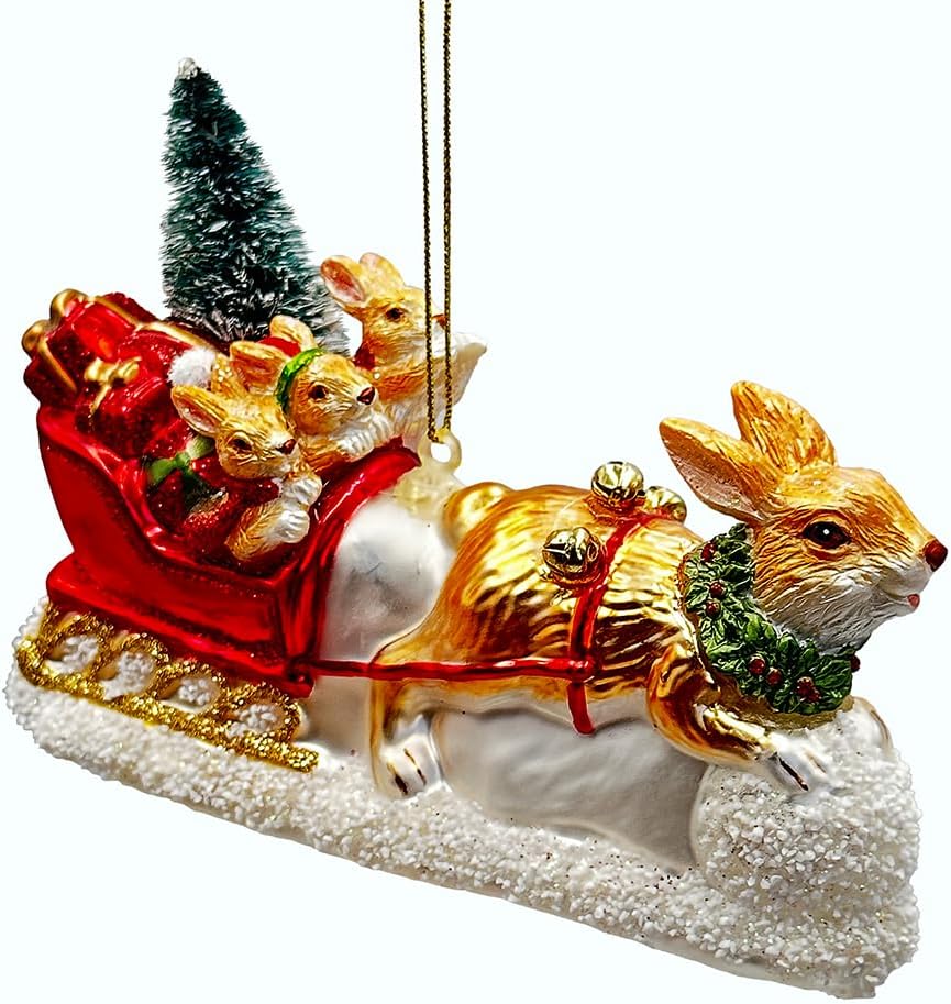 Enchanting Hare and Sleigh Glass Christmas Ornament, Elegant Hand Blown Tree Decor