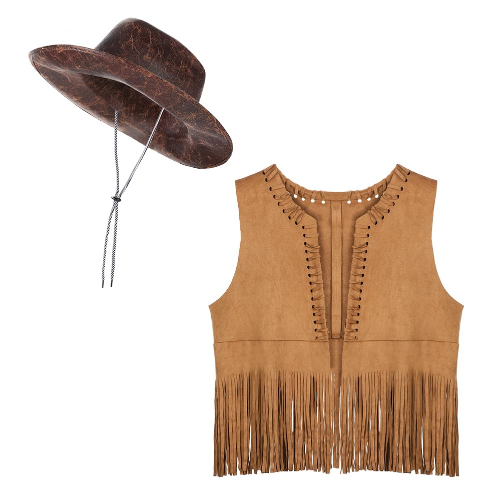 Women Cowboy Hat Tassel Vest Cowgirl Costume Set Fringe Vest Cowgirl Hat 60s 70s Hippie Costume Clothes Faux Suede Open Front Sleeveless Waistcoat Jacket for Hippie Disco Carnival Halloween Party