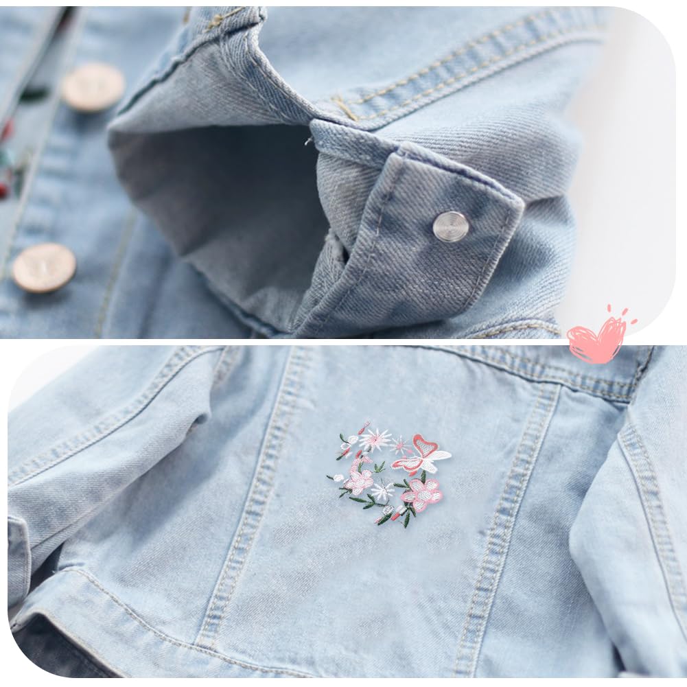 Veste en Jean Enfant Fille Manteau en Denim Brodé Blouson Trench-coat à Col Revers pour Printemps Automne