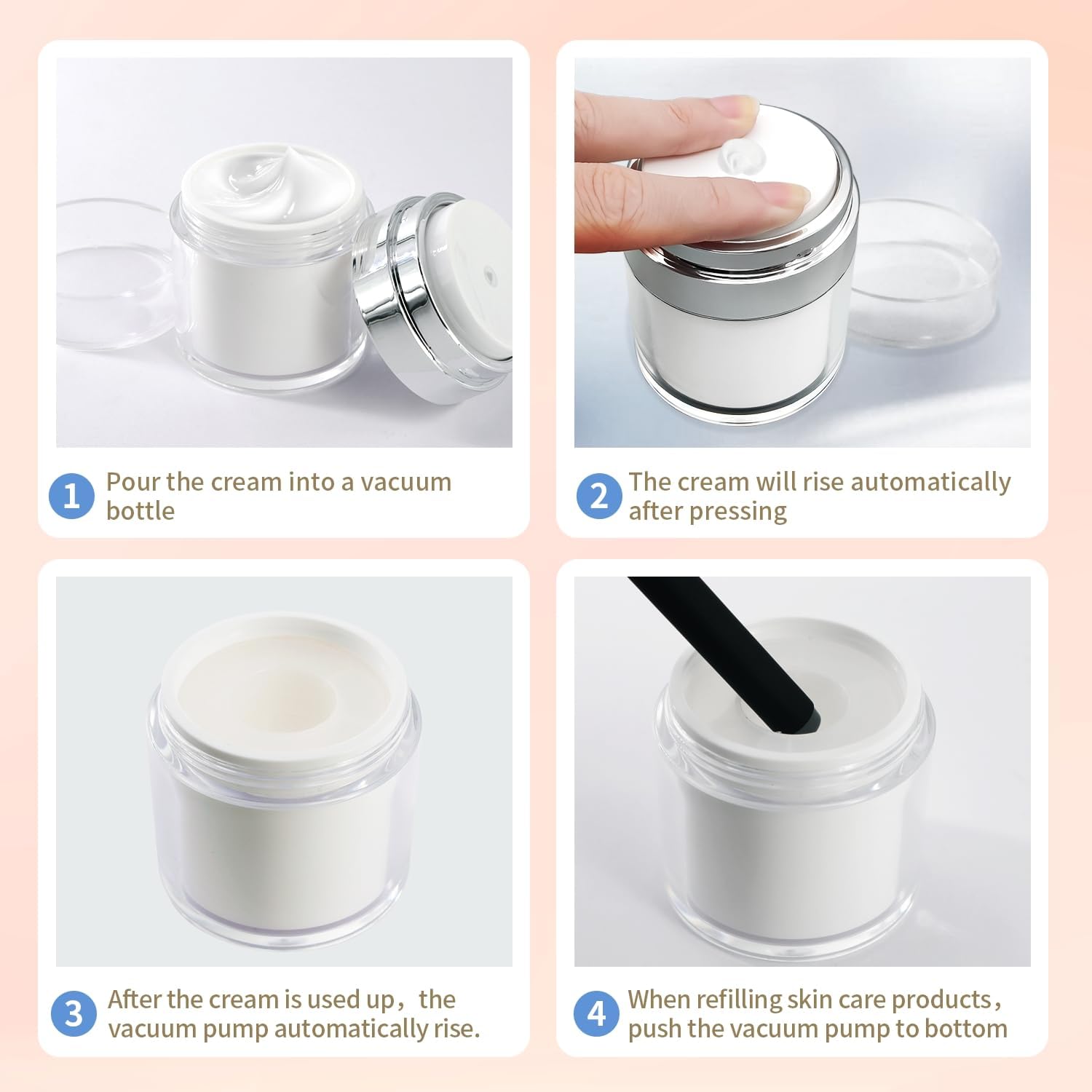 2Pack Airless Pump Jars with Cosmetic Spatula, 0.5 oz Empty Refillable Cosmetic Air Pump Jars Bottles Airless Lotion Cream Dispenser Portable Travel Makeup Containers (Silver)