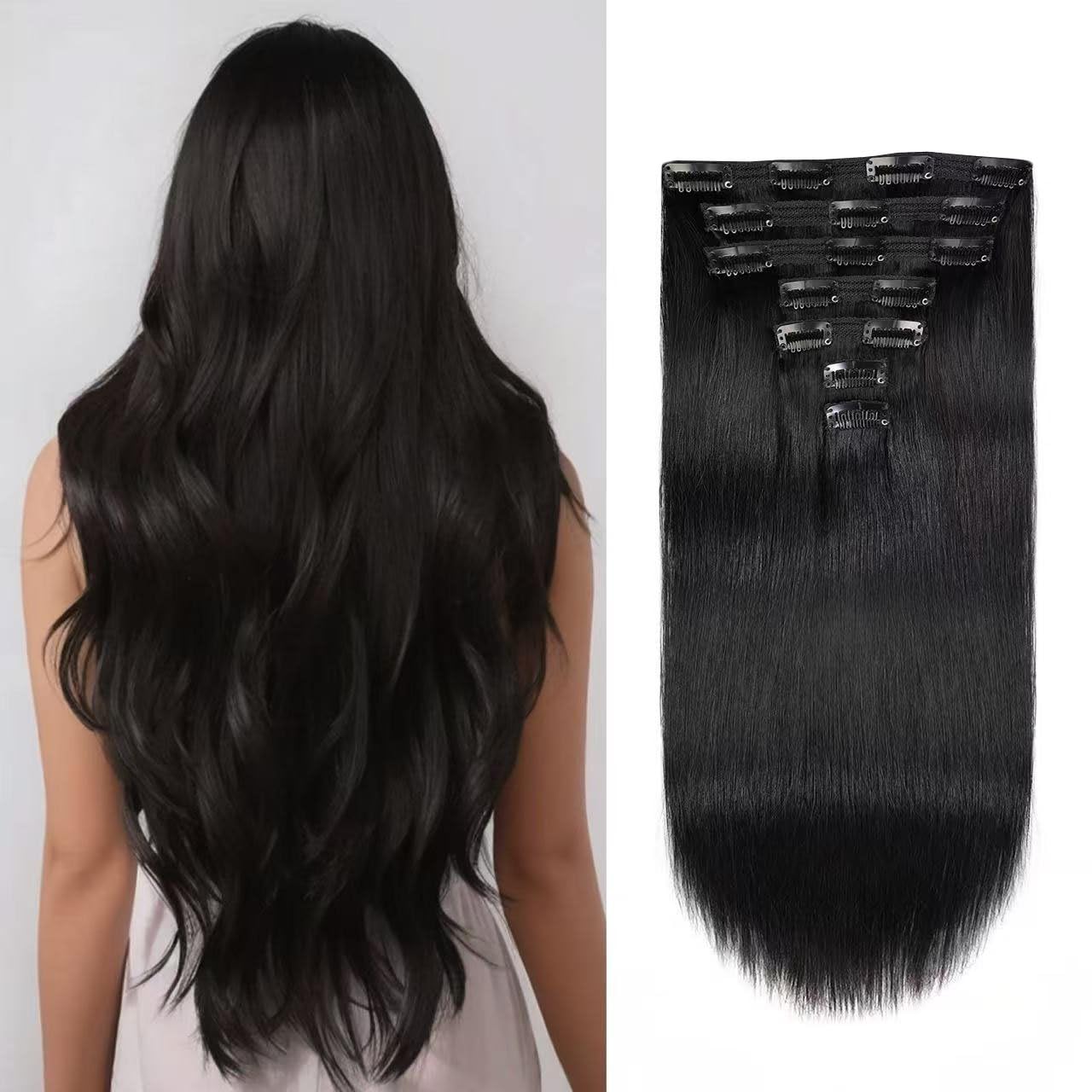 Jiameisi Clip In Hair Extensions Real Human Hair, Remy Human Hair Clip In Extensions Clip Ins For Women Straight Human Hair Be Dyed Styled With Heat Tools Ideal For Daily 18 Inch 70g 7Pcs 1Jet Black
