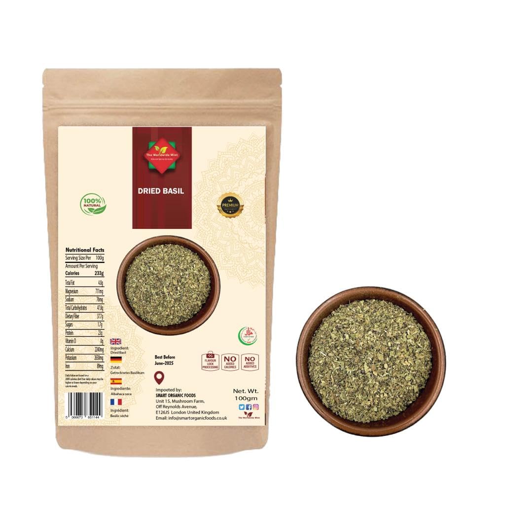 The Worldwide Mint Dried Basil (100g/3.52oz) l Premium Qulaity l 100% Natural | No Additives, 100 g (Pack of 1)