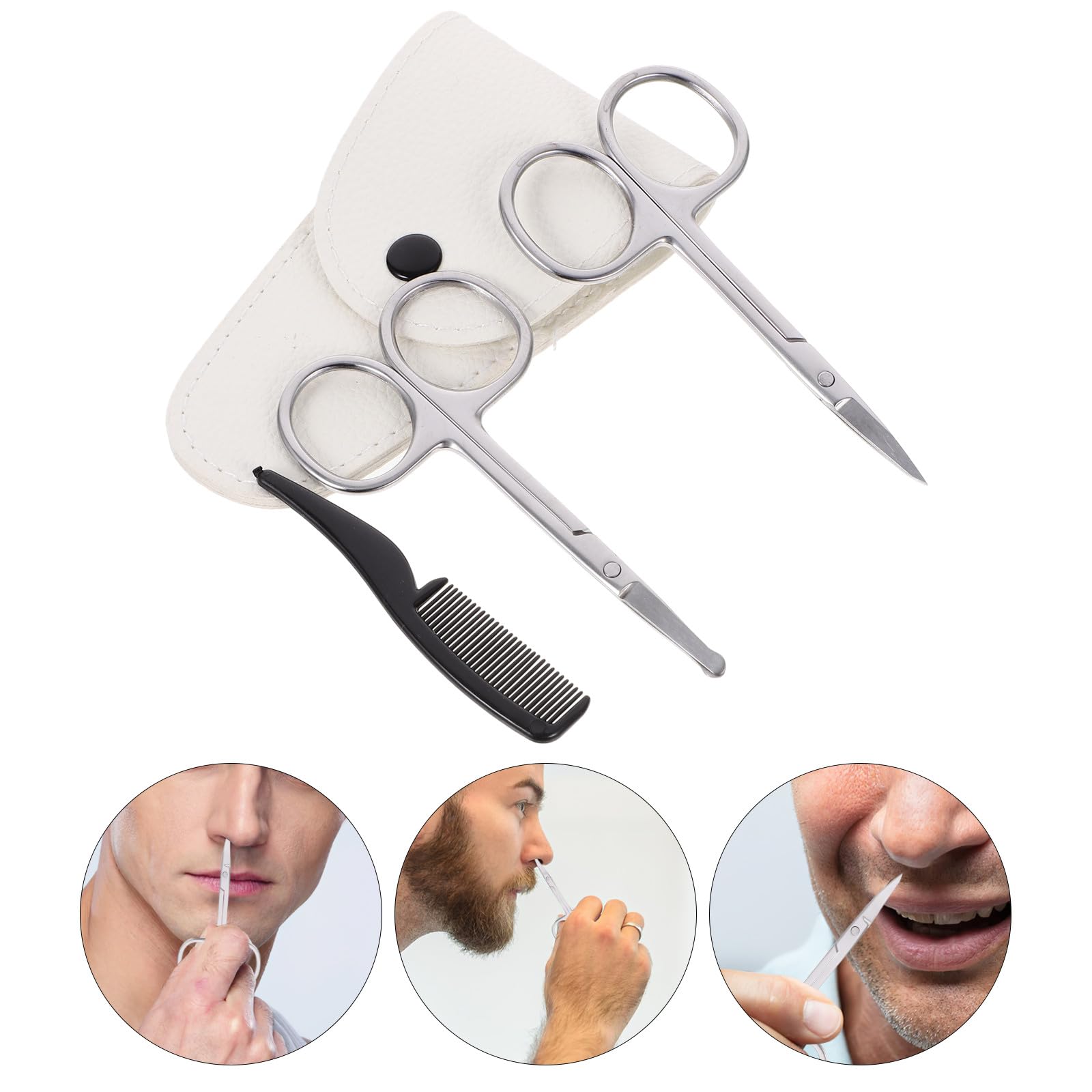 ULTECHNOVO Forbici per Barba 4 Pezzi in Acciaio Inossidabile Pettine Piccolo e Custodia in Pelle Bianca Kit per Rifinitura di Baffi, Naso e Orecchie per Uomini e Parrucchieri