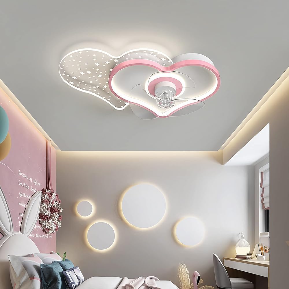 SXDMOUBK Fan Lamps，Kids Ceiling Fans with Lights for Bedroom,Quiet Light Remote Reversible 6 Speeds Modern Led Dimmable (Size:B,Color:Pink)