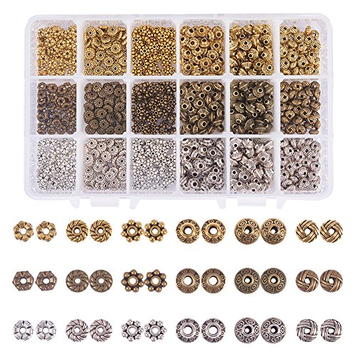 PandaHall Elite - Lot von 900 Stück Perlen Space Beads Spacer Zinklegierung Spacer Beads für die Schmuckherstellung, Gemischte Farbe, 5.5~6.5x2~7.5 mm, Loch: 1~2 mm