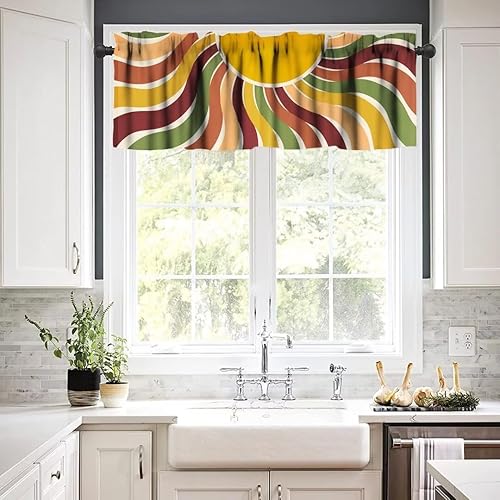 Miniatura 4 de Cenefa retro al atardecer, arco iris de mediados de siglo años 70, abstracto, colorido, ondas funky, bohemio, estampado moderno, cortina opaca para