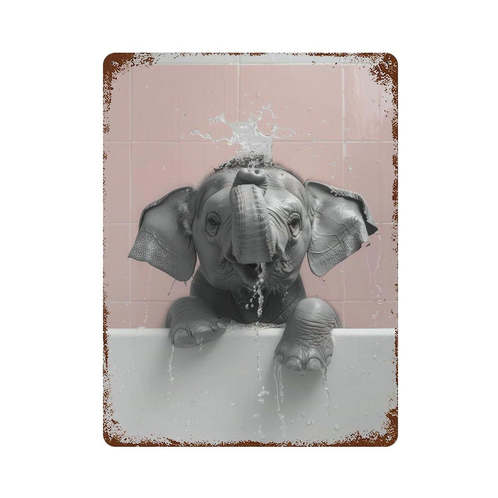 Elephant in Bathroom Vintage Wall Sign 15.7"x11.8", Rust Effect Metal Decor for Bistro, Counter And Cafe Decor
