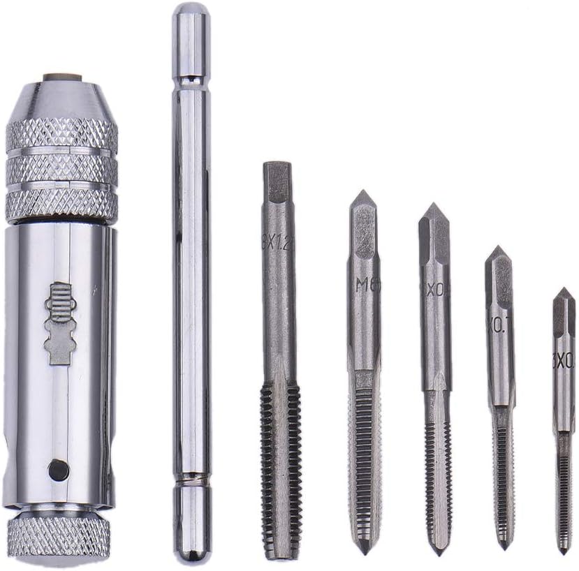 Adjustable T-Handle Ratchet Tap Holder Wrench and 5 Pcs M3-M8 3mm-10mm Machine Screw Thread Metric Plug T-shaped Tap