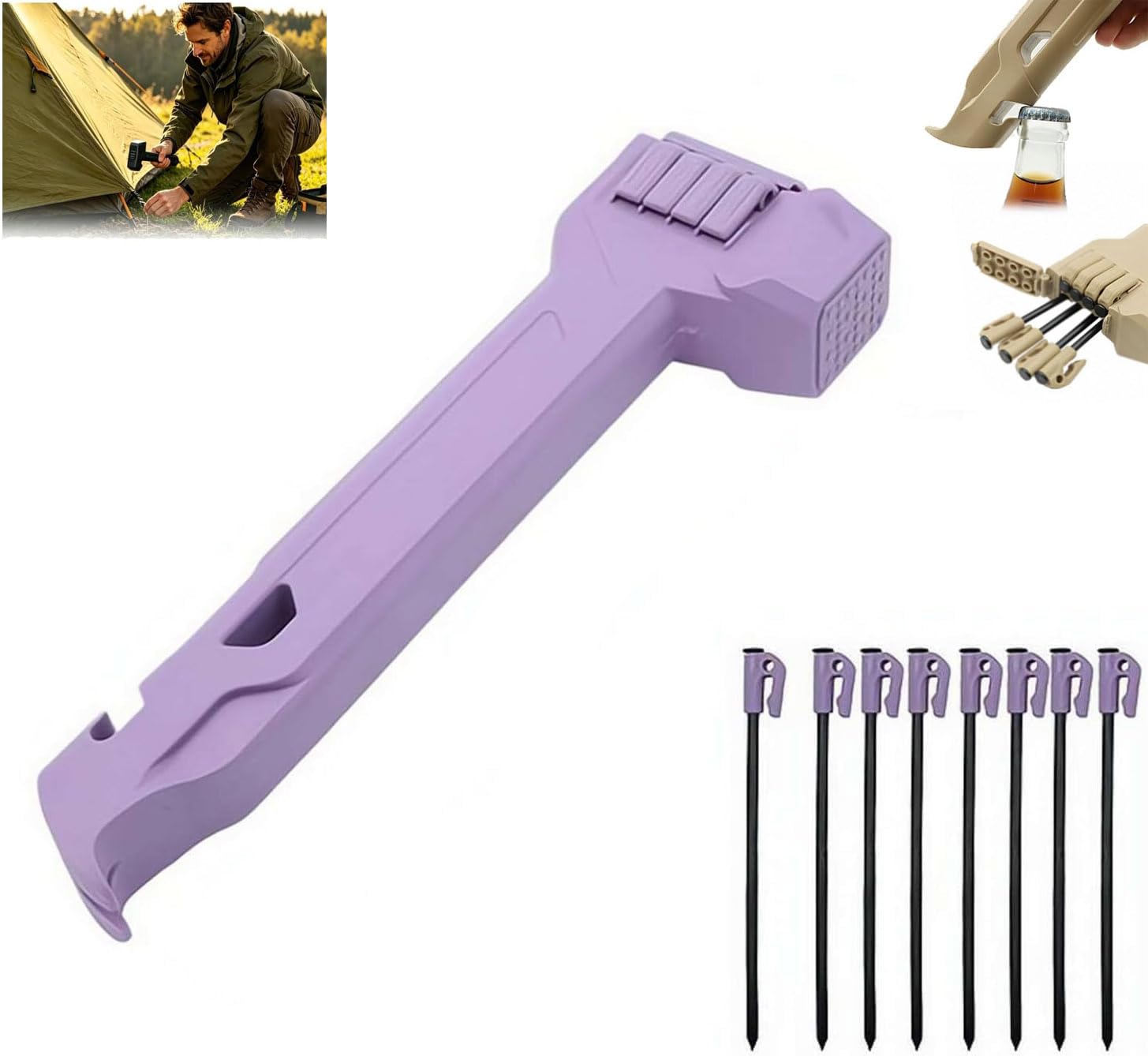 2-in-1 Camping Hammer with Stake Puller and Built-in Storage for 8 Tent Stakes Mallet Driver Pegs Bottle Opener Lightweight Outdoor Hiking Backpacking Canopy Tarp Setup (Purple)