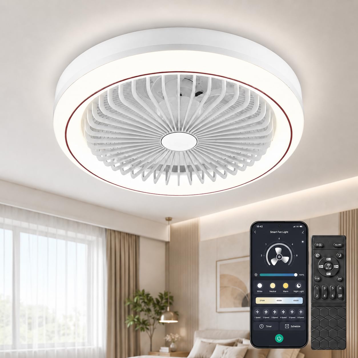 uifame Ceiling Fans with Lights and Remote, LED Ceiling Light Fan 3000K-6500K Dimmable, 6 Speeds, Flush Mount, Reversible Airflow, Timer, APP Control, Quiet Fan Light Ceiling for Bedroom Living Room