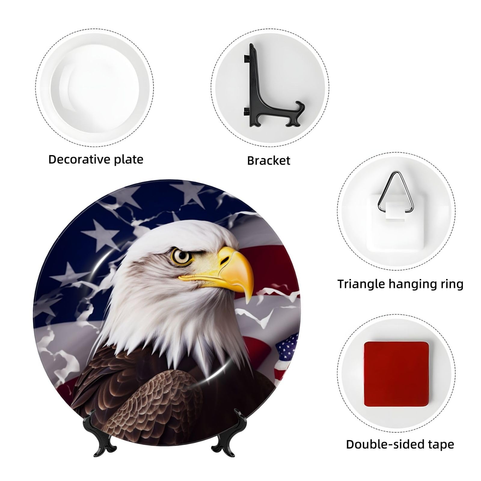Dekorativer Teller aus Knochenporzellan mit US-Flagge und Weißkopfseeadlermotiv, personalisierbar, inklusive Ständer, 25 cm (10 Zoll)
