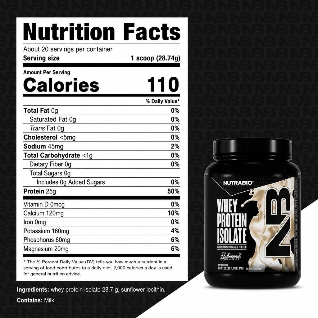 NutraBio 100% Whey Protein Isolate Protein Powder, 25g Protein with Complete Amino Acid Profile, Non-GMO, Soy & Gluten Free, Low Carb, Low Calorie Whey Protein Powder, Raw Unflavored, 20 Servings — Amazon image 6
