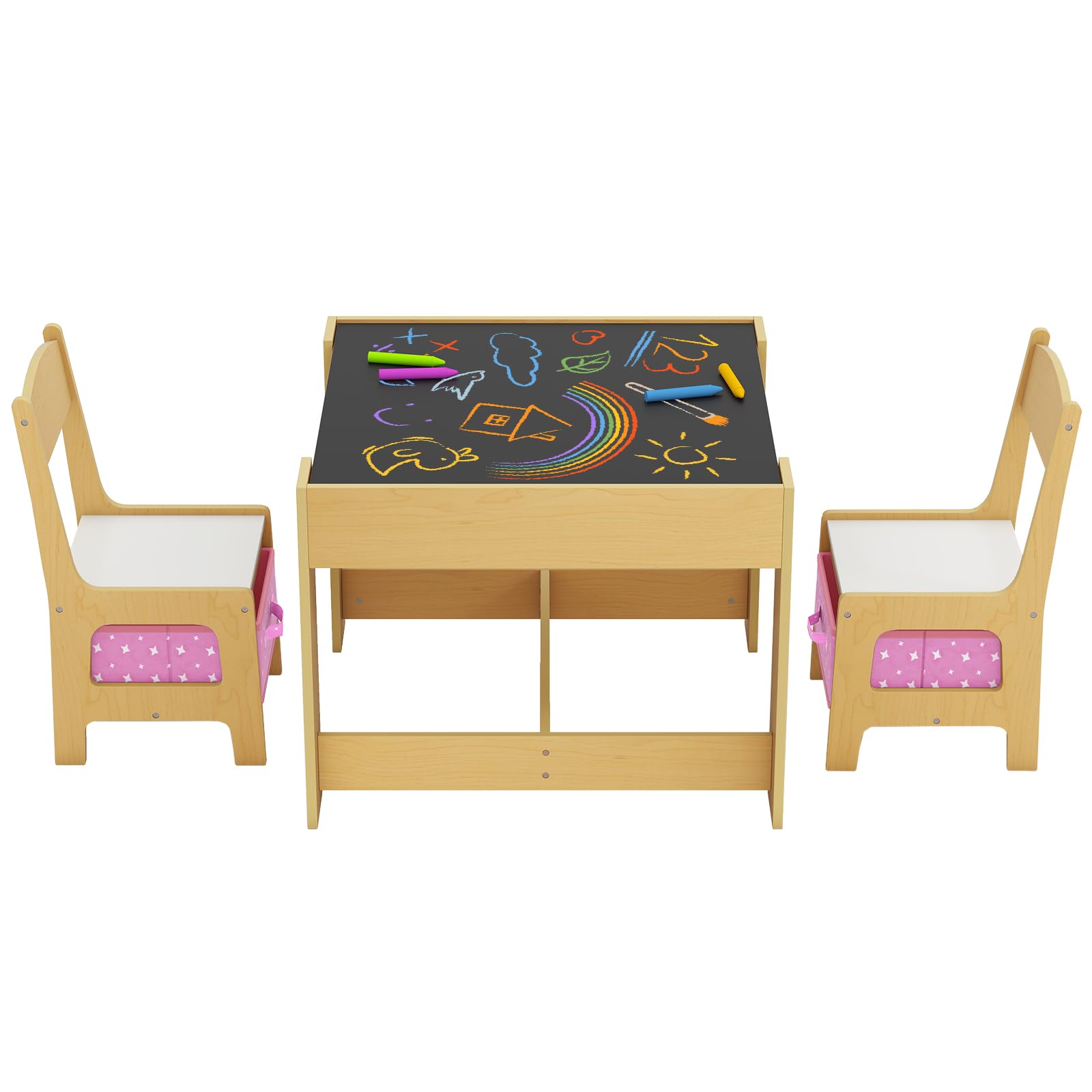 Maxmass 3PCS Kids Table and Chair Set, Wooden Toddler Play Table with Removable Double Side Tabletop, Storage Boxes, Children Activity Desk Set for Eating Drawing Reading Learning (Natural+Pink)