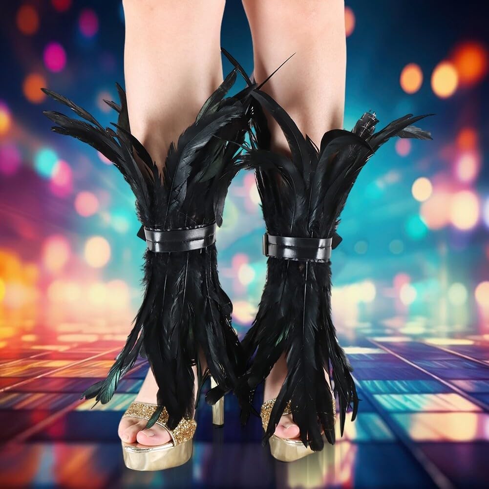 Feather Cuffs, Black Feather Ankle Cuff Feather Ankle Punk Feather Leg Warmers for Halloween Costume Accessories