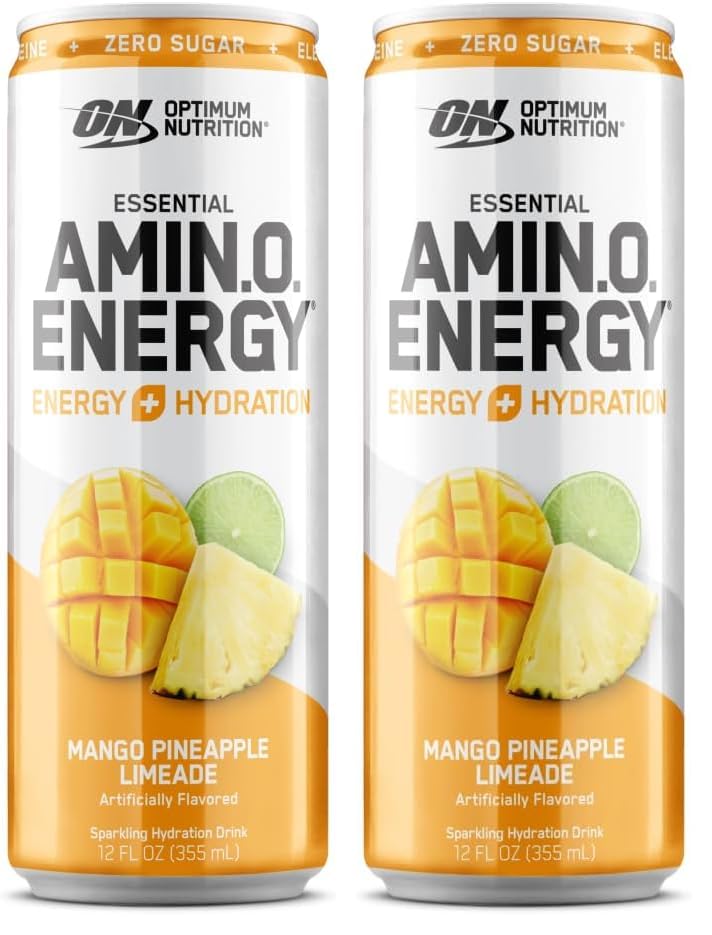 Optimum Nutrition Amino Energy Sparkling Hydration Drink, Electrolytes, Caffeine, Amino Acids, BCAAs, Sugar Free, Mango Pineapple Limeade, 12 Fl Oz, 1 count (Packaging May Vary) (Pack of 2)