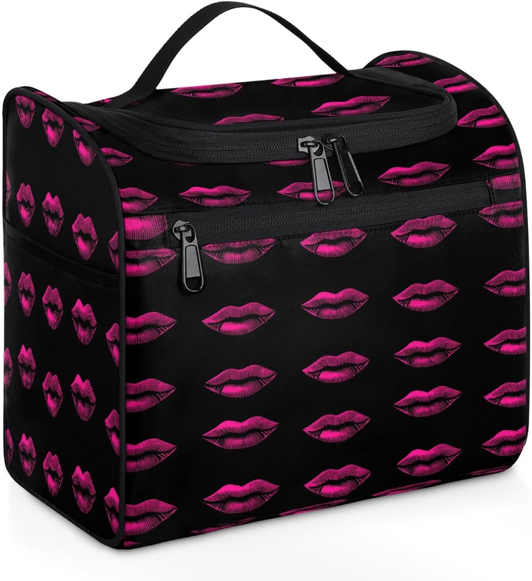 Travel Toiletry Bag for Men Women, Pink And Black Lips Waterproof Hanging Makeup Bag Organizer, Portable Travel Bags for Toiletries, Cosmetic