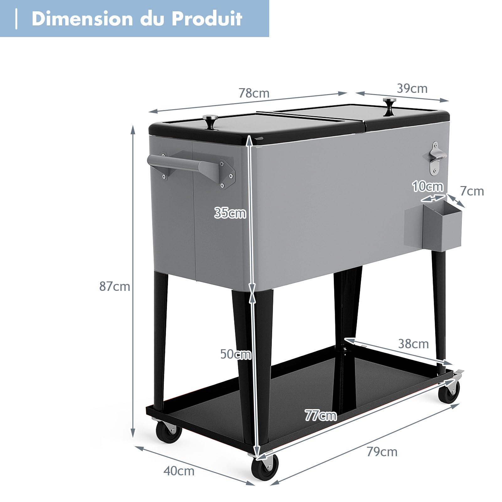 GOPLUS Bar Mobile 76L, Carrito de jardín refrigerador con 4 Ruedas para terraza, jardín, pícnic, 91 x 48 x 87 cm, Drenaje fácil, Plata Bar,91 x 48 x 87 cm