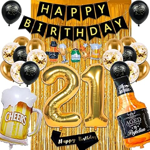 21st Birthday Decorations for Him Her, Black and Gold 21 Birthday Decorations with Happy Birthday Banner,Fringe Curtain,Confetti and Latex Balloons Cover