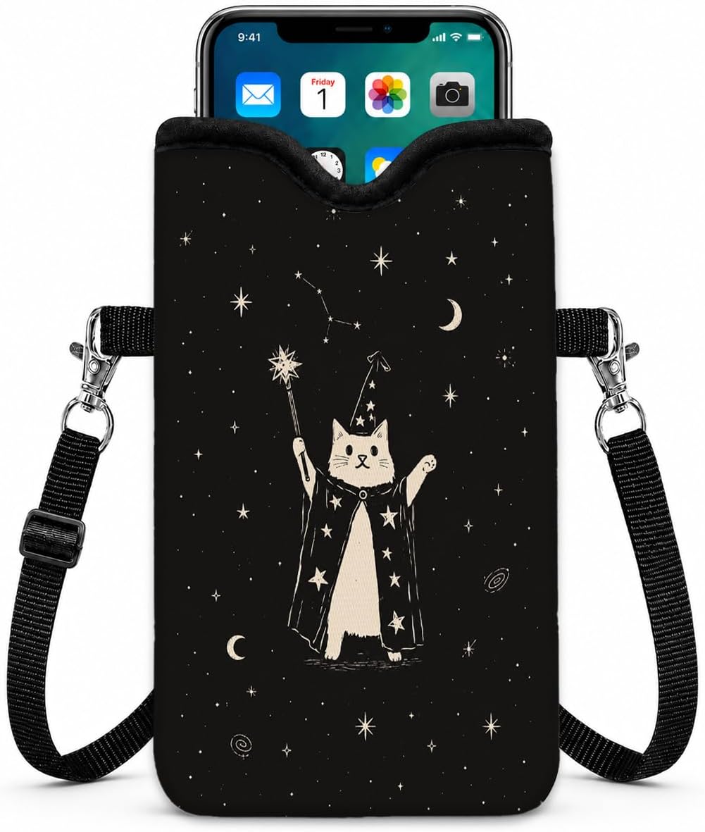 Neoprene Phone Sleeve Pouch Case Bag for Women Men with Crossbody Strap, 7.1x3.9 in, Shockproof Mobile Protection Case Bag with Neck Lanyard, Fits Most Phones, Wizard Cat Starry Night