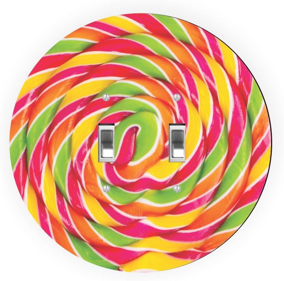 Island Gifting - Candy Color Swirl Lollipop Design - Round GFI Toggle Switch Plate Cover, Decorative Wall Plate, Flat Masonite Wood with Glossy Finish, Modern Electrical Cover