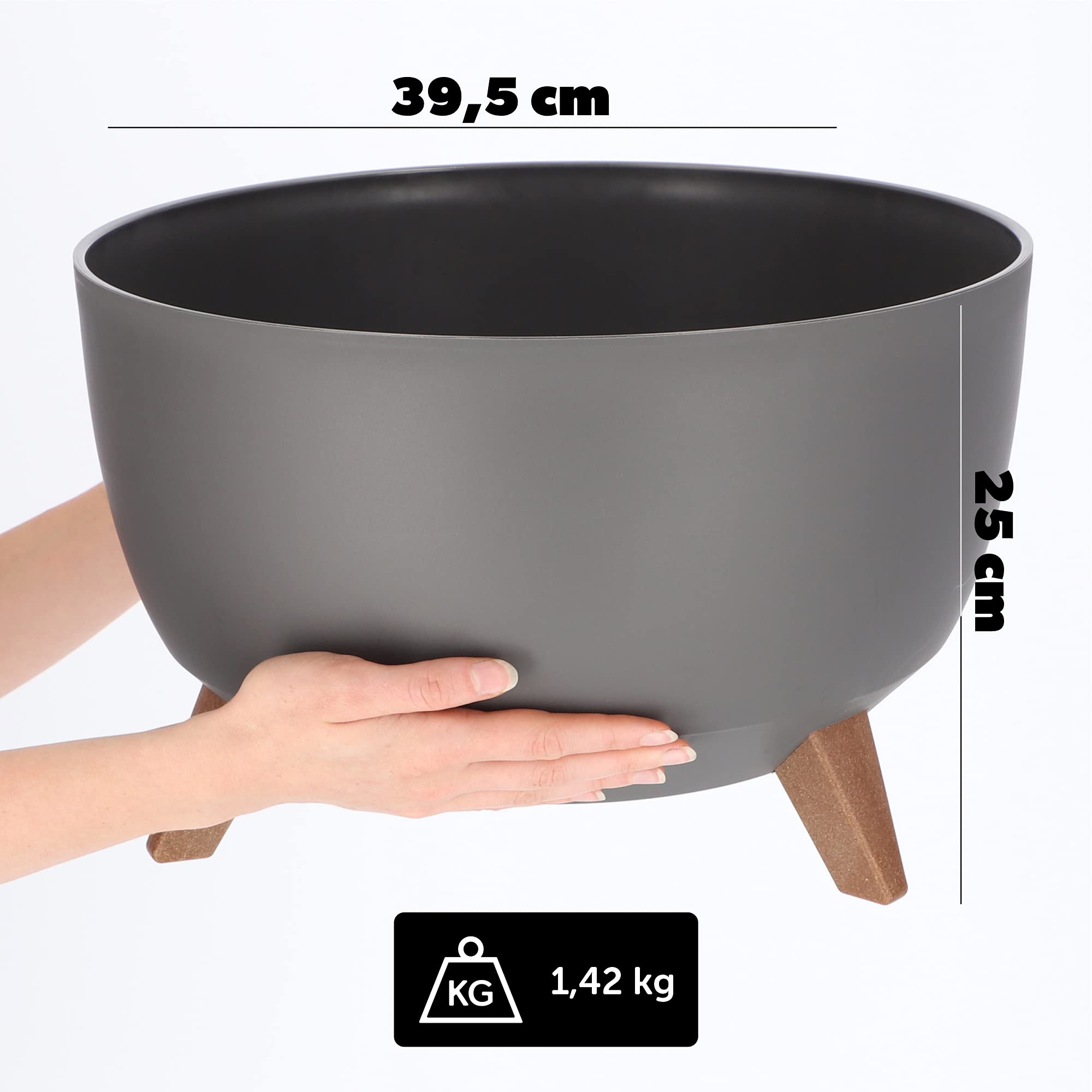 KADAX Plastic Flower Pot with Three Stands, Round Flower Bowl, Flower Pot, Flower Pot, Flower Pot, Balcony, Living Room (39.5 cm, Anthracite) — view 2