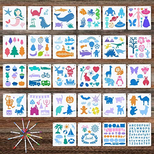 Xgood 28 Pieces Kids Drawing Stencils Painting Stencils Different Patterns Plastic Stencils with 12 Pieces Crayon Suitable for Children Scrapbook DIY Crafts