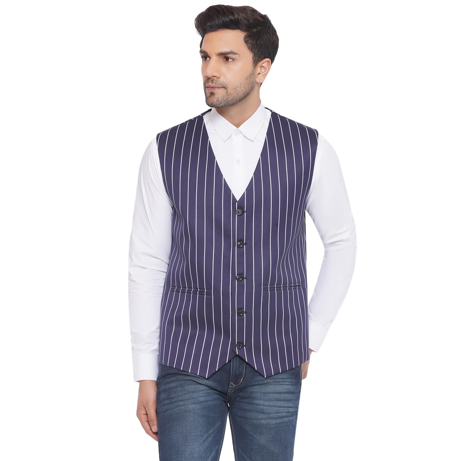 Cotton Poly White Striped Waist Coat for Men (Blue)-image-28