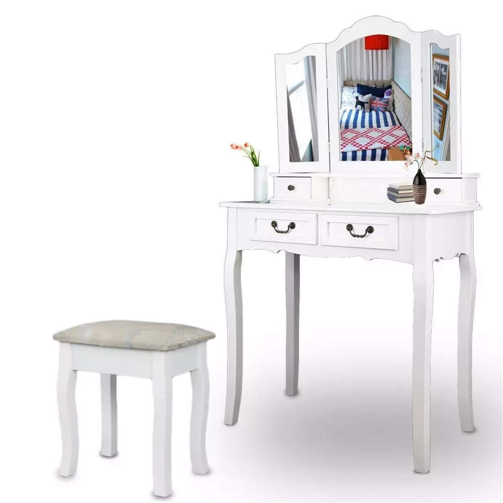 Amazon｜姫系ドレッサー 化粧台4引き出しスツールミラーホワイトベッド