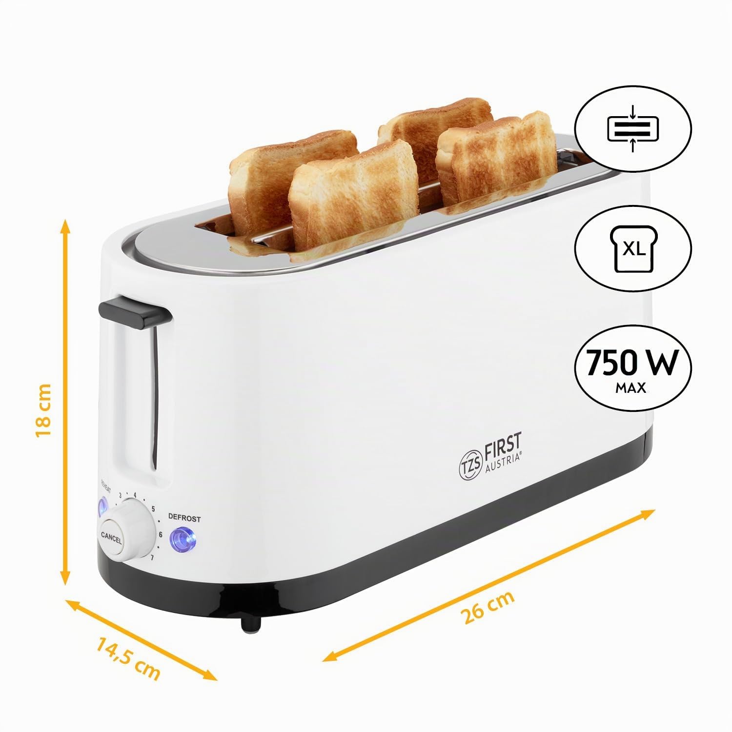 TZS First Austria tostapane 4 fette, 1400W, cassetto raccoglibriciole, scaldapanini, corpo isolato, regolazione temperatura, acciaio inox, funzione scongelamento, centratura pane